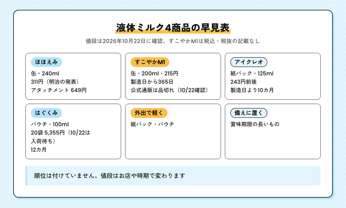 液体ミルク4商品の早見表。ほほえみは缶240ml・311円、すこやかM1は缶200ml・215円・製造日から365日・公式通販は品切れ、アイクレオは紙パック125ml・243円前後・製造日より10カ月、はぐくみはパウチ100ml・20袋5,355円（10月22日は入荷待ち）・12カ月（値段は2026年10月22日に確認。すこやかM1は税込・税抜の記載なし）