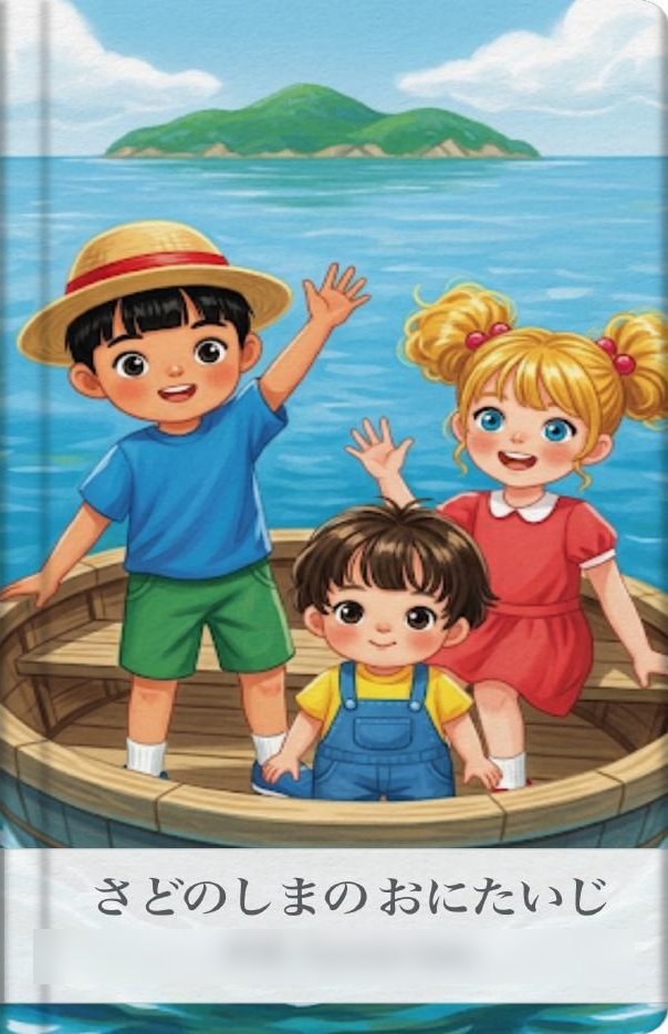Gemini ストーリーブックで作った絵本『さどのしまの おにたいじ』の表紙。島の見える海で、木の船に乗った3人の子どもが手をふっているイラスト（作者名はぼかし済み）