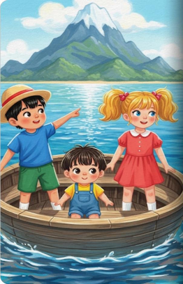 絵本の中のページの絵。木の船に乗った3人の子どもと、海の向こうの島の大きな山。1人が山を指さしているイラスト