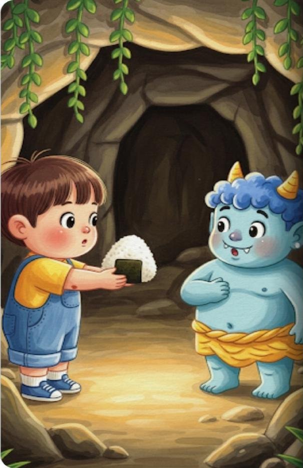 絵本の中のページの絵。洞窟の中で、小さな子どもが青いおににおにぎりを差し出しているイラスト