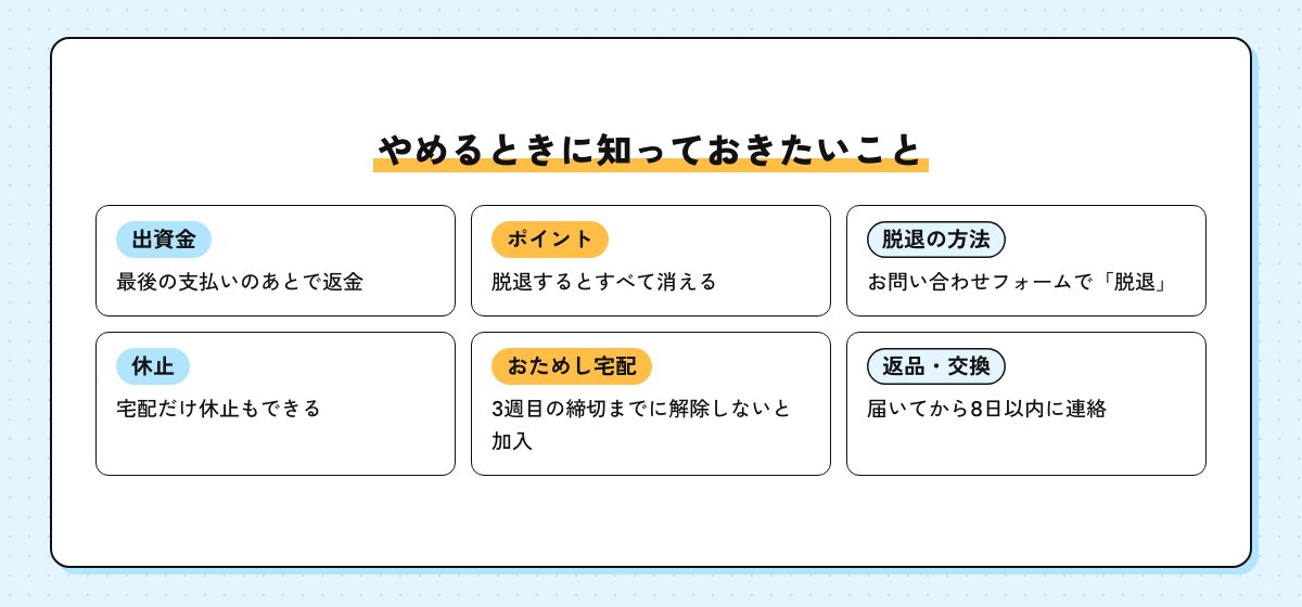 やめるときに知っておきたいことの図。出資金は返金、ポイントは消える、脱退の方法、宅配だけ休止、おためし宅配の自動加入、返品・交換は8日以内